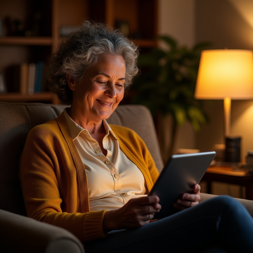 Older woman sitting comfortably at home learning to use a tablet during a guided digital literacy lesson